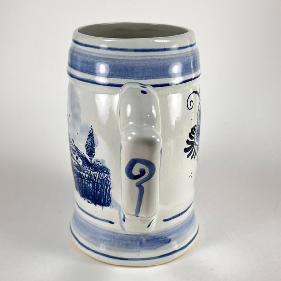 Vintage Delft Blue Beer Stein Mug Windmill Floral Hand Painted Ceramic 32 oz - Picture 3 of 16